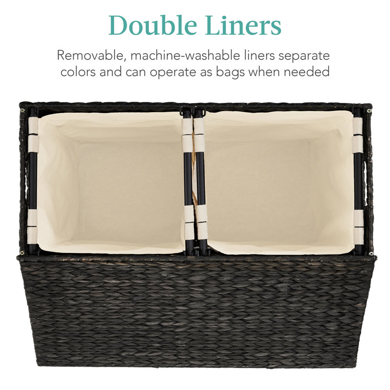 Large Black Handwoven Water Hyacinth Double Laundry Hamper