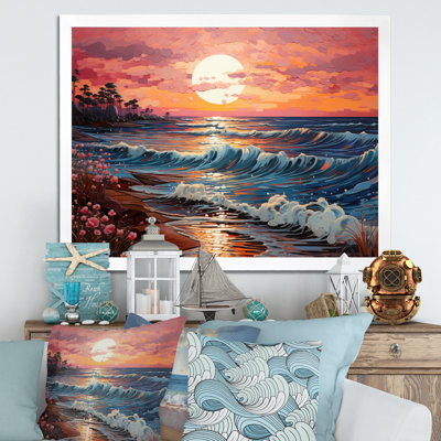Plage cramoisie coucher de soleil pointillisme - art mural nautique et plage salon