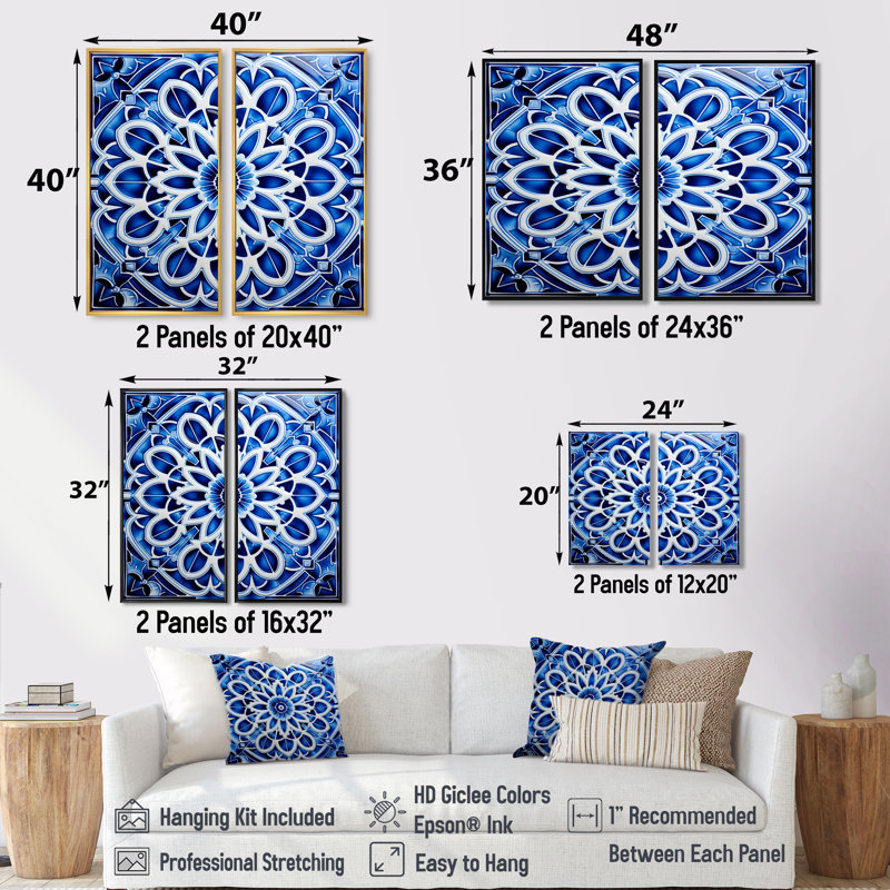 Carreaux marocains blancs et bleus - impressions sur toile modernes, H 20 po x l 24 po, Impression encadrée flottante, Blanc