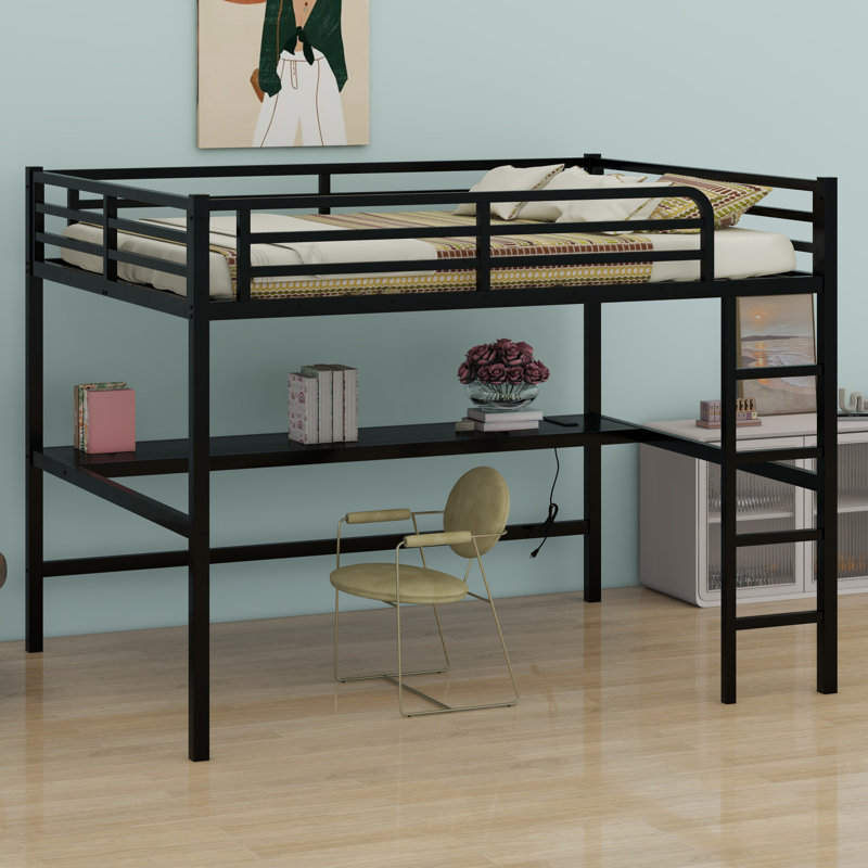 Metal Loft Bed With Power Outlet And LED Lighted, Space-Saving