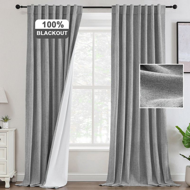 Premium Chenille Linen Textured 100% Blackout Curtains Thermal Insulated for Living Room Back Tab/Rod Pocket Bedroom Draperies 2 Panels