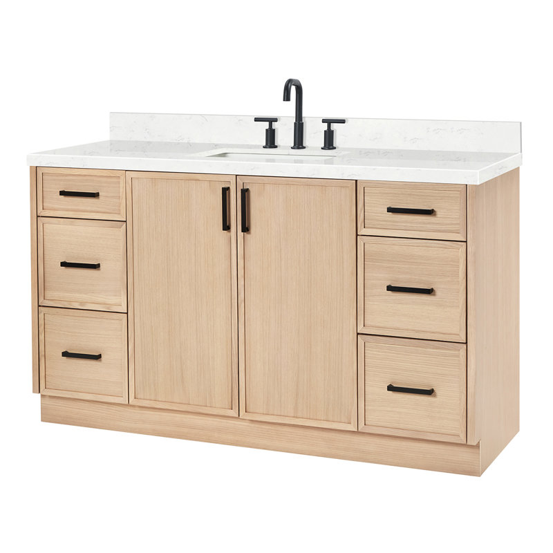 ARIEL Kelly 60 Single Sink Bathroom Vanity with Carrara Quartz Top, Oak, Rectangular, 60"