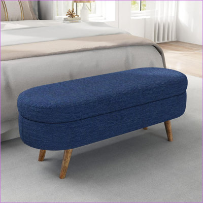 Ottoman Oval Storage Bench, Navy Blue Linen, 43.5”x16”x16” | Living Room | Wood | Walnut Brown