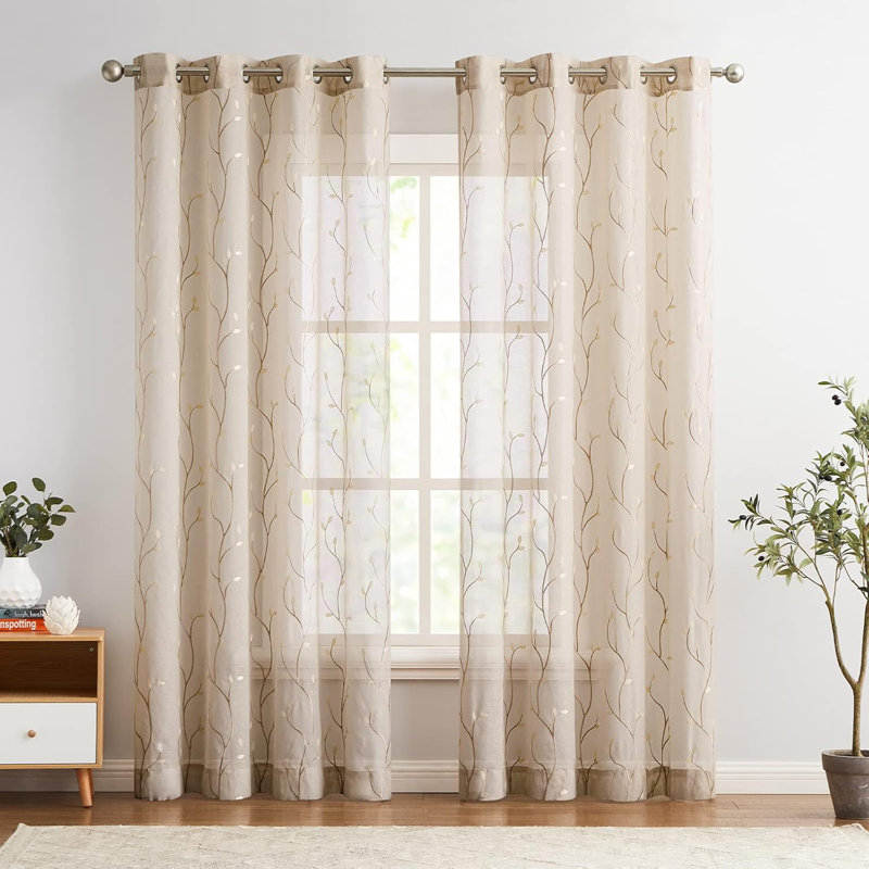 Rideaux transparents en lin brodé pour chambre à coucher, L 55 po x L 84 po, Beige