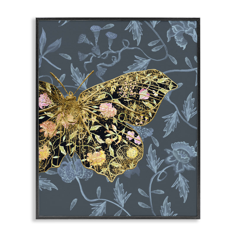 «Blue and Gold Butterfly», art de la giclée encadrée par Melissa Wang, Giclée encadrée noir minuit, H 20 po x l 16 po