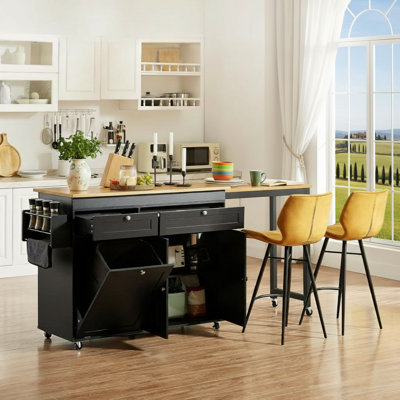 Black Portable Kitchen Island With Extendable Dining Table, 81.8-Inch Multi-Functional Storage Island, Includes Trash Can, Power Outlet, Spice Rack, And Towel Rack.