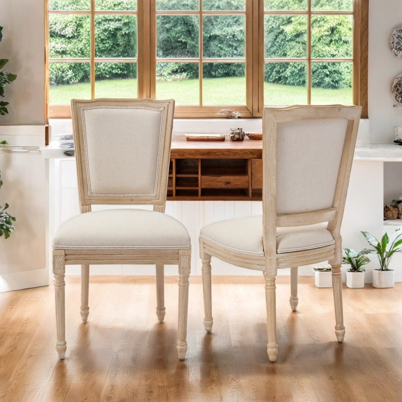 Chaise de salle à manger style français à structure carrée en bois massif avec dossier en lin, ensemble de 2