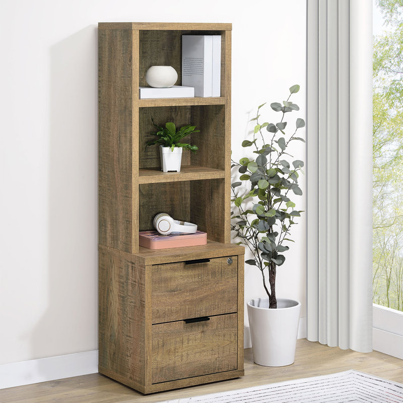 Bibliothèque en bois 2 tiroirs et 3 tablettes ouvertes, Brun