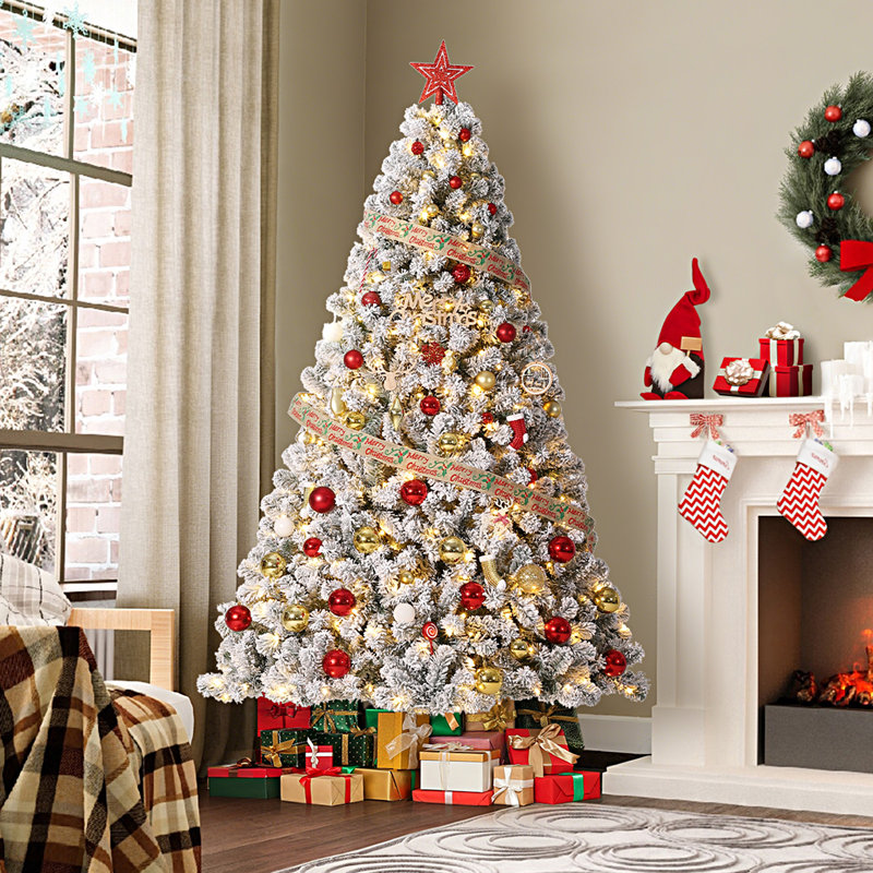 Arbre de Noël pré-éclairé avec 150 lumières blanches chaudes, 8 modes d'éclairage, pédale marche / arrêt facile, support pliable