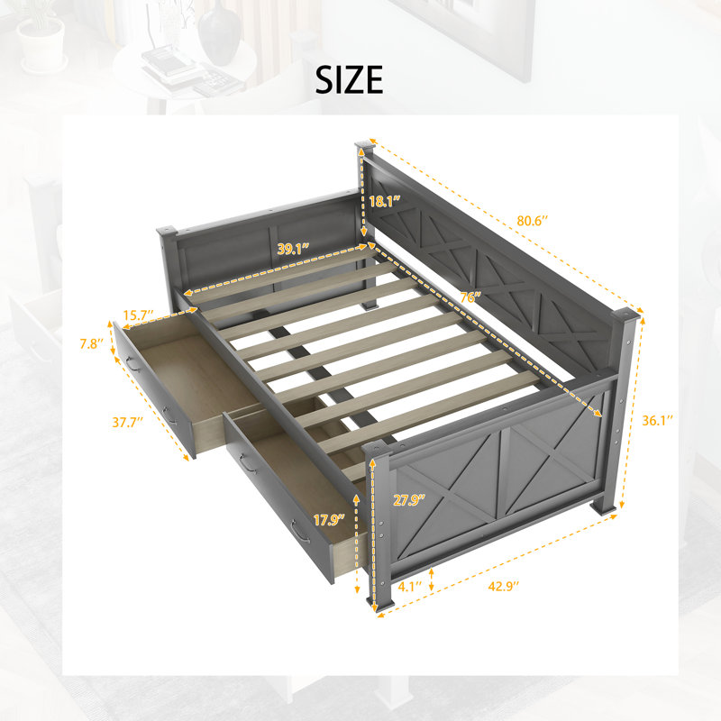 77" W Twin Daybed with 2 Storage Drawers, Solid Wood and MDF Frame, Rustic X-Design, Grey, Grey