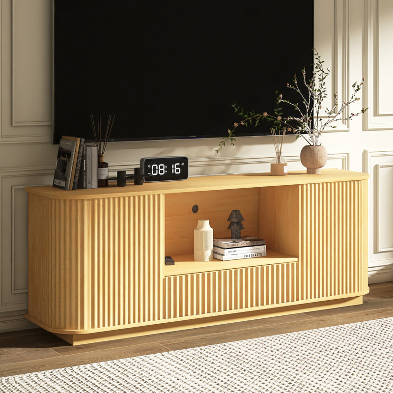 64" Modern TV Stand With Drawer,Shelves, Natural