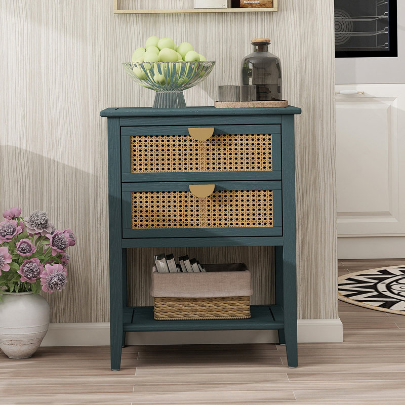 Table d'appoint à deux tiroirs en rotin naturel, table de bout idéale pour la chambre à coucher, le salon et le bureau