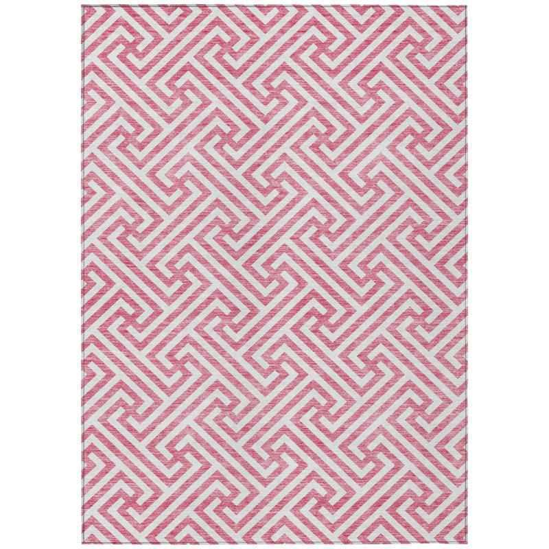3' X 5' Pink And Ivory Geometric Washable Indoor Outdoor Area Rug