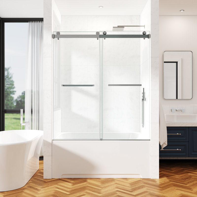 68-73" W X 66" H Frameless Double Sliding Tub Door with 3/8" (10mm) Clear Tempered Glass, Shatter-Resistant Film & Installation Hole Locator