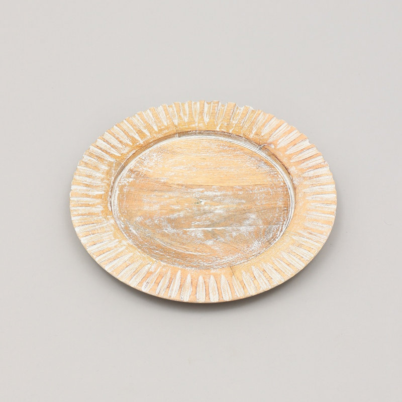 Assiette de présentation ronde en bois blanchi de 13 pouces, napperon en bois à bordure côtelée Sunburst, décor de table de ferme rustique