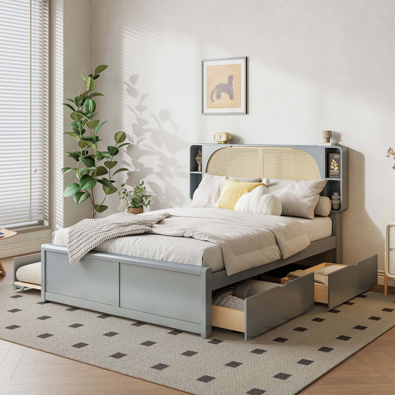 Rattan  Storage Bed with 2 Drawers,Trundle, Gray