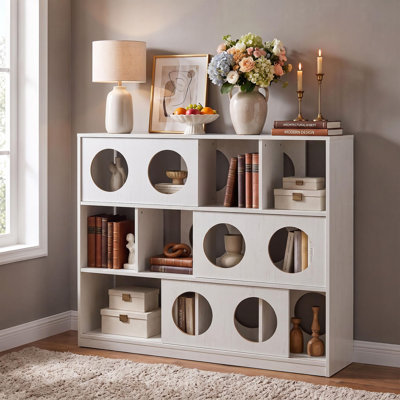 Cubby Storage Organizer, Short Bookshelf for Home, Modern Geometric Bookshelf with Round Cutout Design