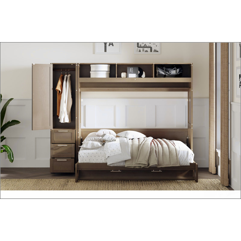 Lit escamotable double avec garde-robe, tiroirs et tablettes ouvertes