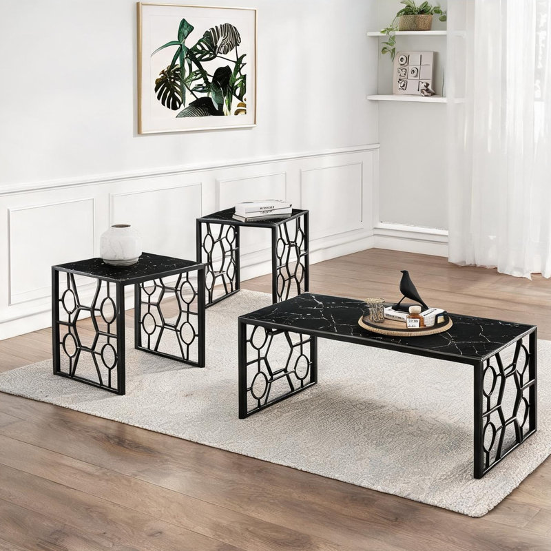 Ensemble de tables basses avec plateau en verre trempé à imprimé marbre et base en métal noir foncé, ensemble de 3 tables d'appoint