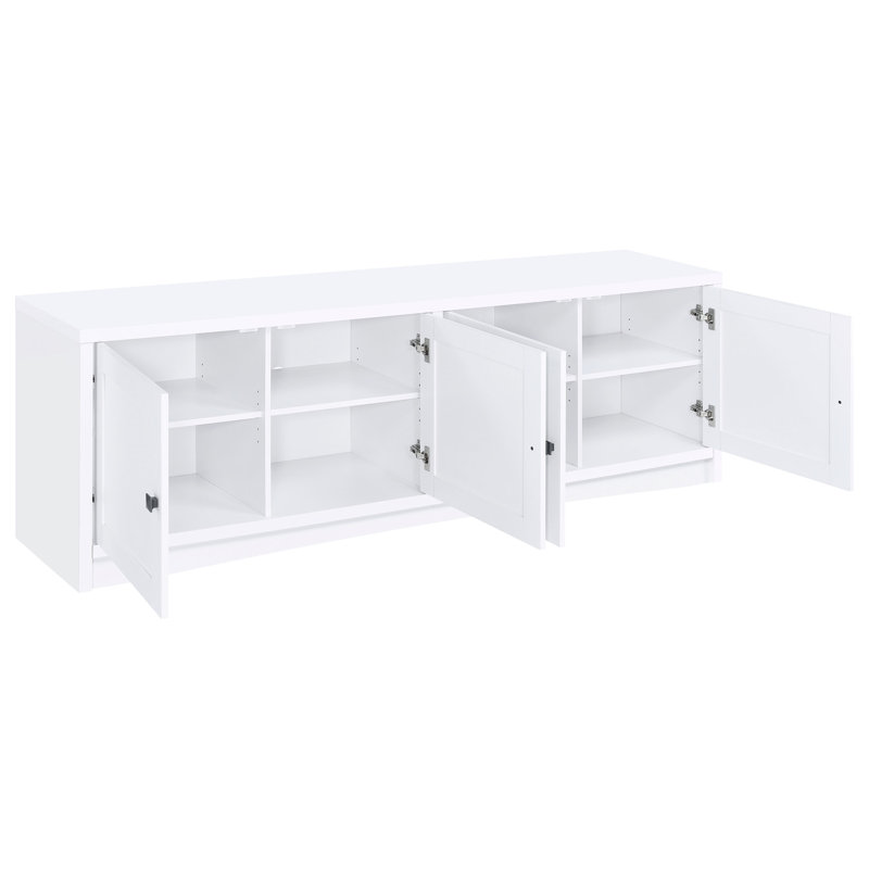 Meuble télé blanc avec quatre portes encadrées, tablettes réglables pour téléviseurs de 80 à 89 pouces dans le salon principal, 4 portes surélevées, espace de rangement pour le divertissement à domicile