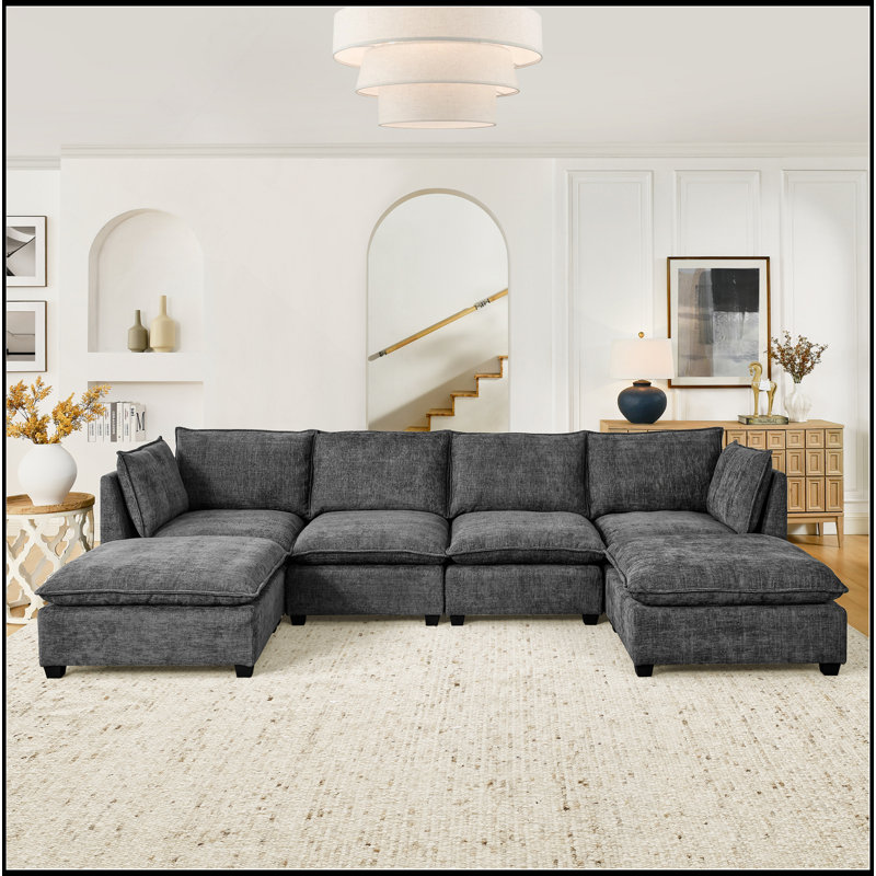 Comfy Cloud Couch Sectional  4 Seat Sofa With 2 Ottoman, Chenille Sofa Sleeper Deep Seat Sofa With Throw Pillows For Living Room
