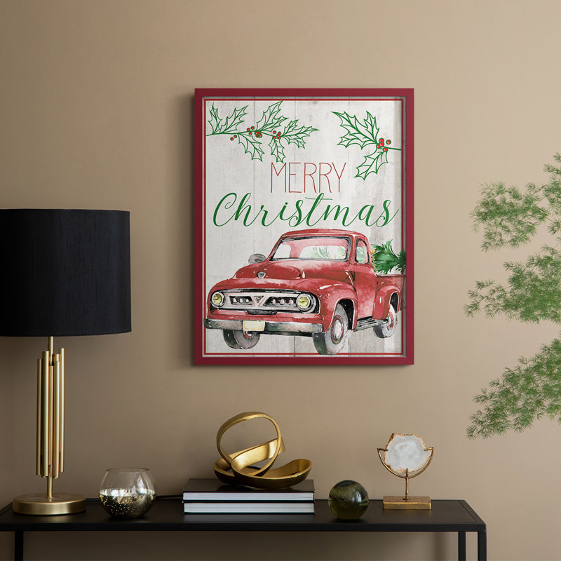 Merry Christmas - camion rouge, reproduction encadrée - bois massif, H 21 po x l 17 po, Rouge