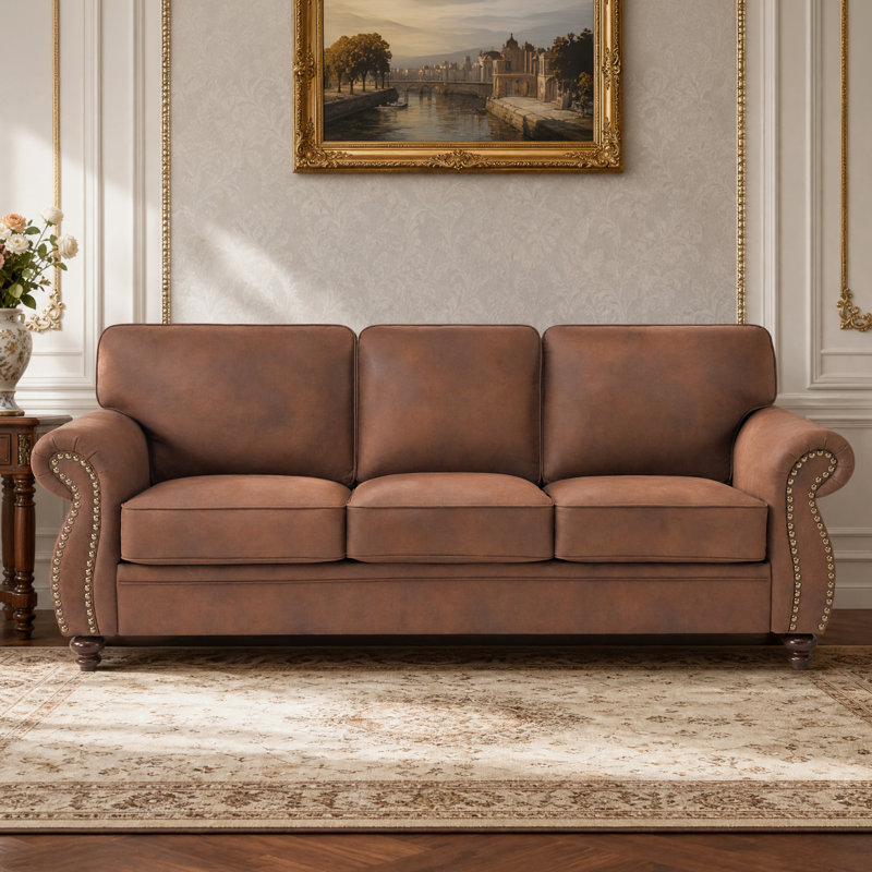 88" Wide Transitional Modern Rolled Arm Sofa Nailhead Trim & Solid Wood Legs Couch , Caramel