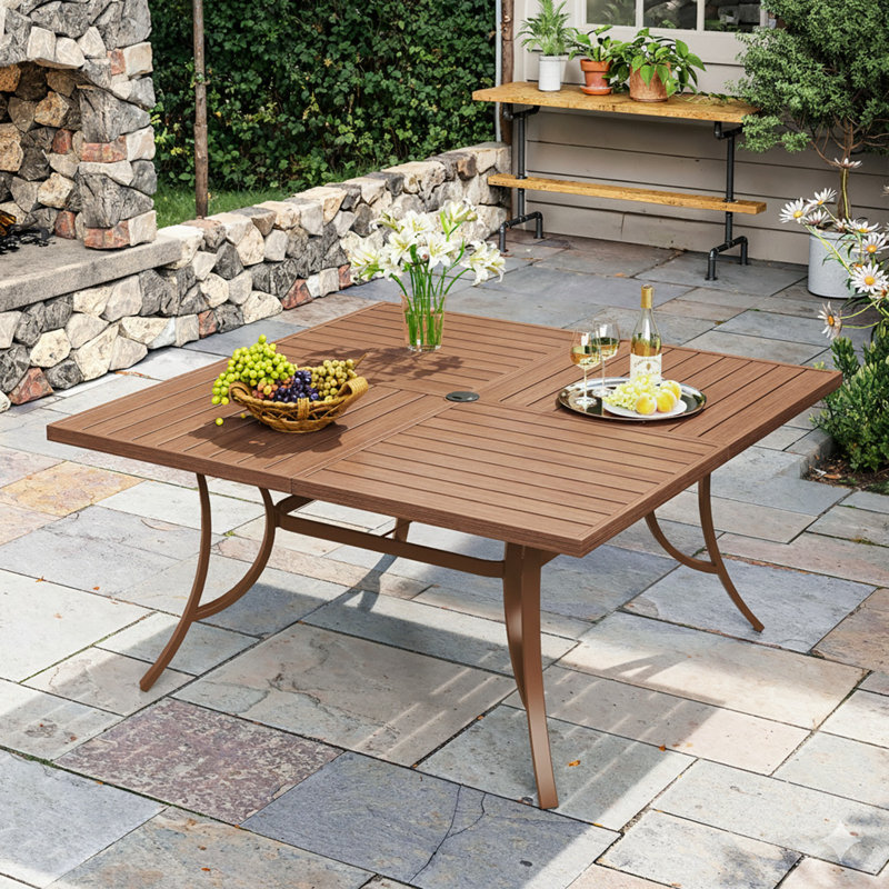 Square Metal Outdoor Dining Table With Umbrella Hole , 59.1'' in. W 59.1'' in. D, Walnut