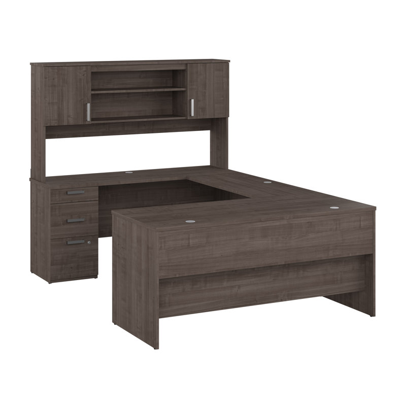Aralee 65W U Shaped Desk with Hutch, Medium Grey Maple