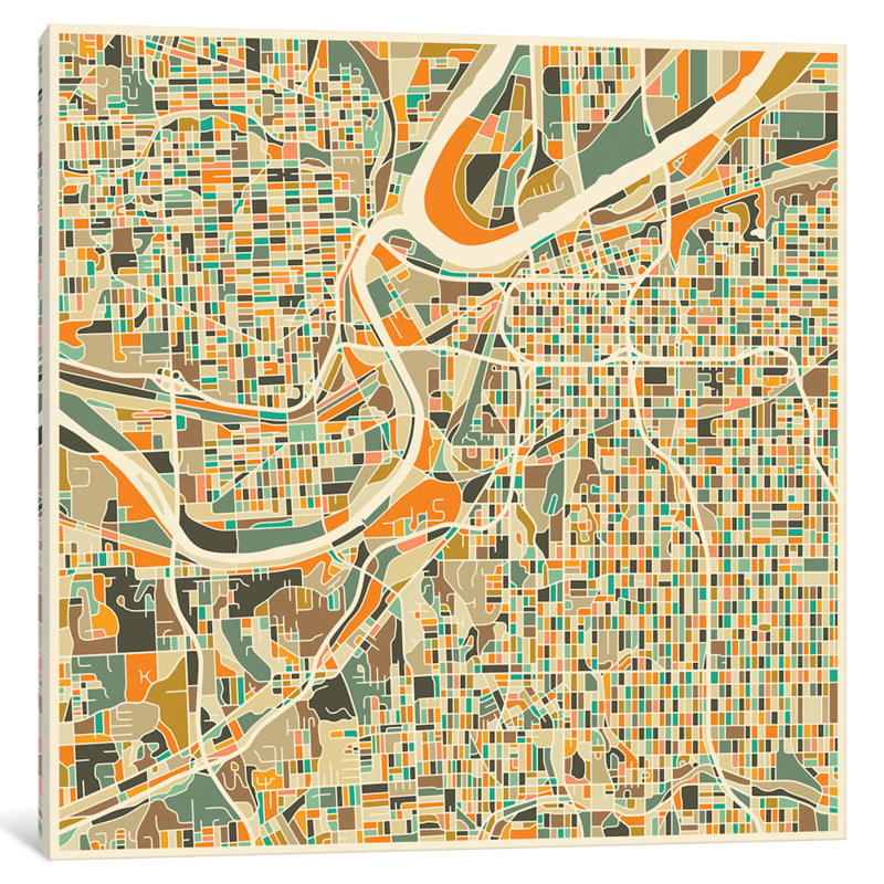 «Abstract City Map of Kansas City», impression sur toile tendue, H 37 po x l 37 po x P 1,5 po, Toile avec cadre noir
