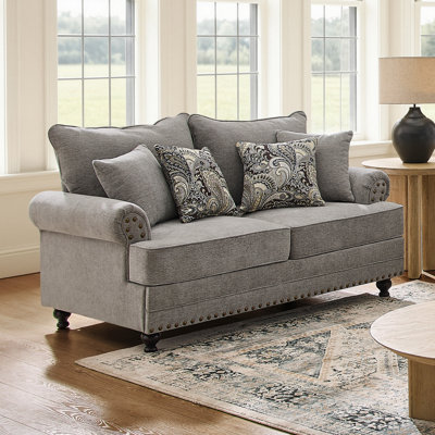 Estelle Modern Farmhouse Loveseat Sofa, Chenille Upholstery Grey Nailhead Trim, Includes 4 Accent Pillows