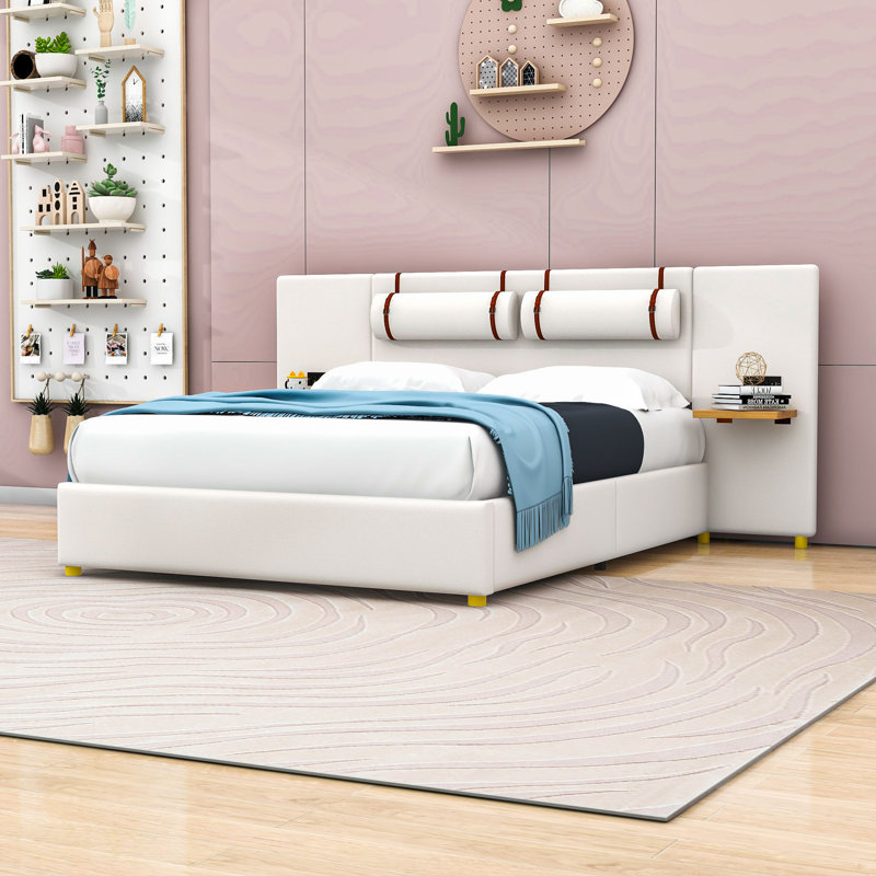 Lit plateforme tapissier avec prises intégrées et port USB et tablettes, Beige, Grand