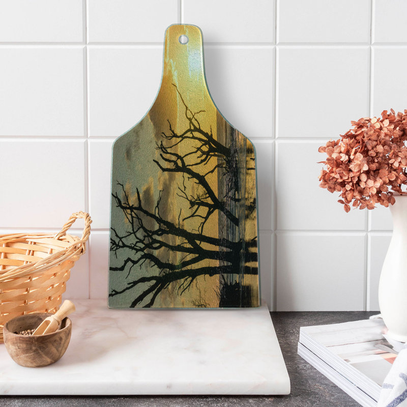 Ambesonne Driftwood Print Tempered Glass Cutting Board Sunrise Beach Trees Orange