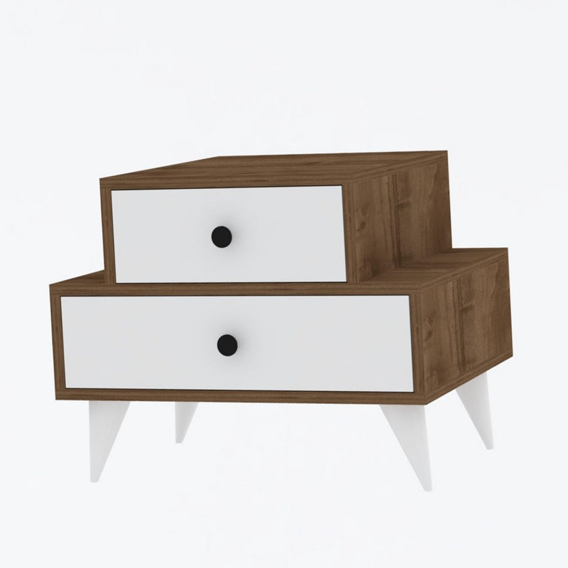 Table de chevet 2 tiroirs Navira en blanc / noyer