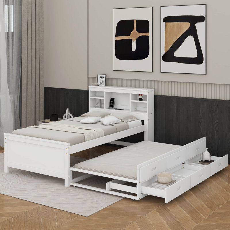 Lit plateforme simple avec tête de lit, USB, lit gigogne et tiroirs, Blanc