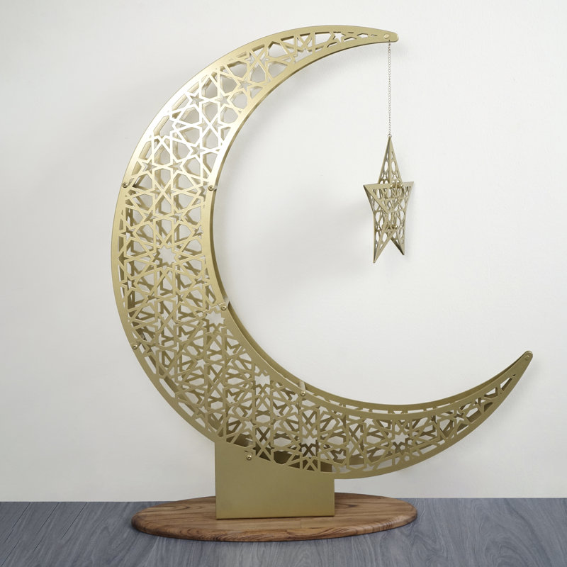 Crescent & Star Metal Islamic Table Décor – Elegant Ramadan and Eid Home Sculpture, 26.4" H x 22.5" W x 0.2" D