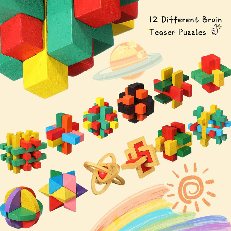 12 Pcs Wooden Brain Teaser Puzzles 3D IQ Challenge Toy Games Logic Mind Smart Puzzle Box Lock Toy Brain Teaser Intellectual Removing Assembling Gift Set For Adults Teenagers