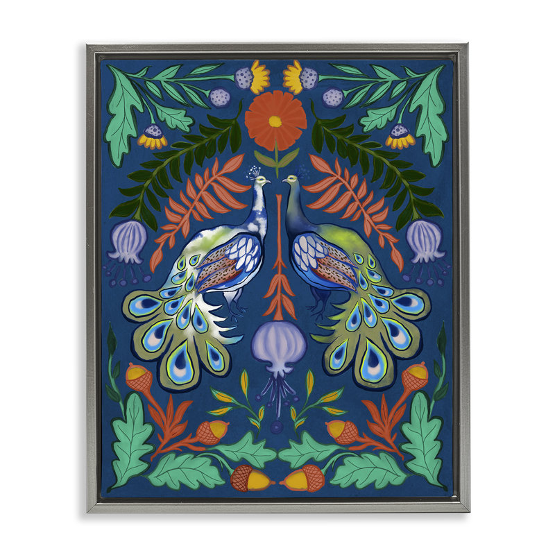 Art mural sur toile flottante en miroir, paons et botaniques, design par Elizabeth Medley, Cadre flottant gris lustré