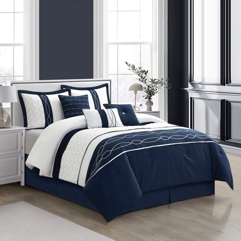 Ensemble d'édredon géométrique 7 pièces Penley, Grand édredon et 6 pièces supplémentaires, Bleu / blanc