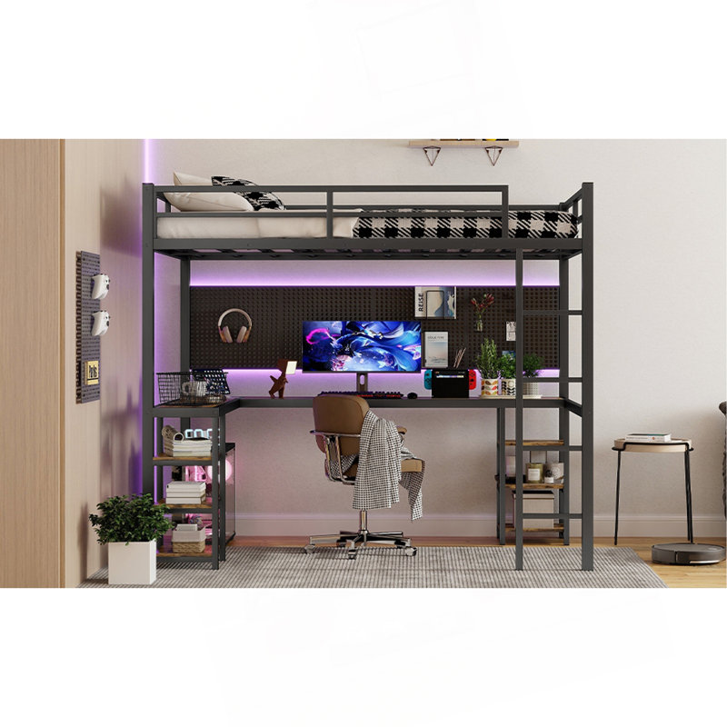 Lit mezzanine double avec bureau et tablettes, lit mezzanine avec échelle et garde-corps, cadre de lit mezzanine pour la chambre à coucher, noir