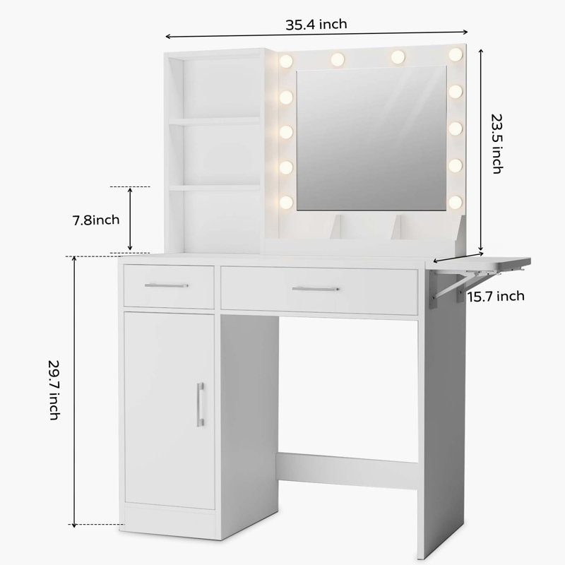Bureau de coiffeuse avec tiroirs et miroir avec lumières (blanc), Blanc