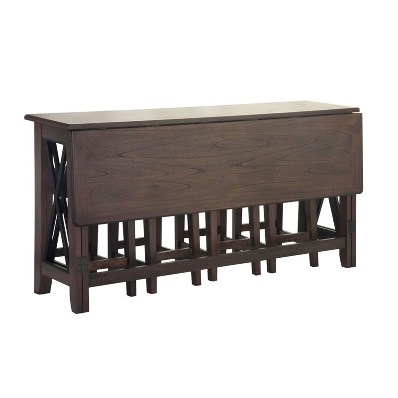 Table à abattants à finition brune foncée et 4 tabourets, économiseur d'espace pour 4 sièges rectangulaires avec tabourets, conception cour efficace