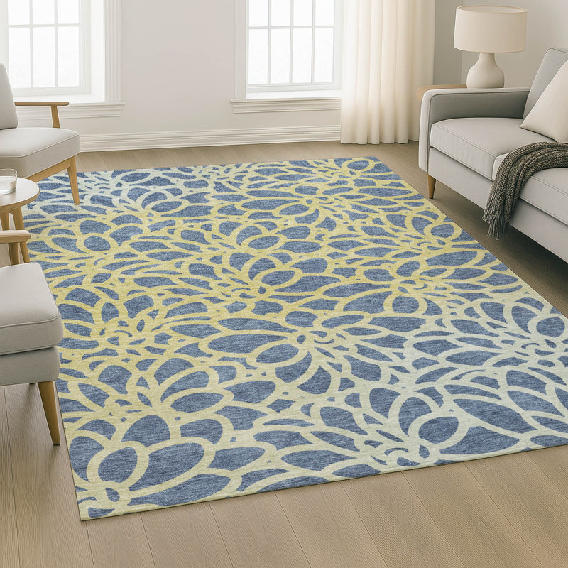 Premium Machine Washable Mayfield AMF2412 Floral Rug, Navy, 10' x 14'