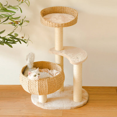 Summer Breathable Woven 35'' Cat Tree with Dual Cozy Baskets, Scratching Posts & Plush Perch