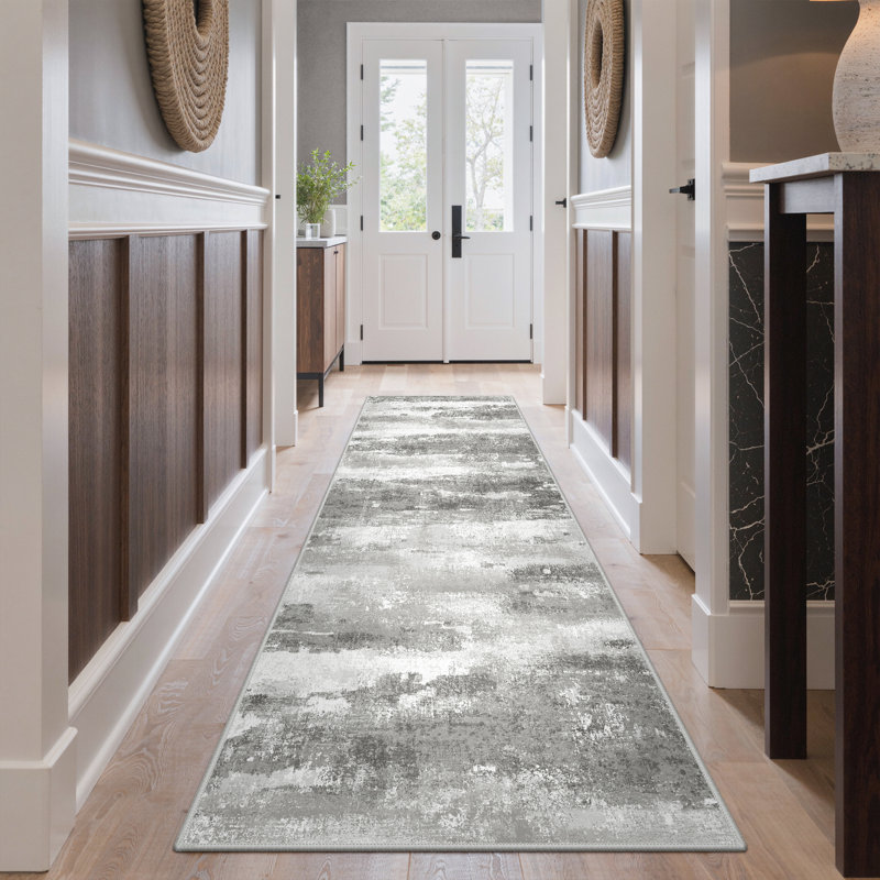 Pavelina Gray Modern Abstract Machine Washable Indoor Area Rug with Non-Slip Backing, Runner 2' x 10'