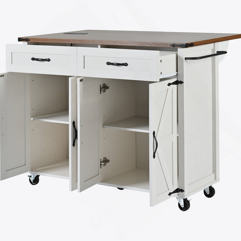 53.5'' Farmhouse Kitchen Island with Power Outlet, Drop Leaf, and Ample Storage for Home, Kitchen, and Dining Room