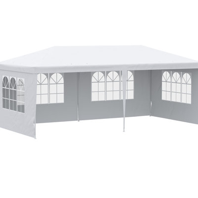 Grande tente de réception blanche de 3 x 6 m avec 4 parois latérales amovibles, idéale pour les mariages et les pique-niques en plein air. Offre un abri ombragé et spacieux pour vos fêtes et événements.