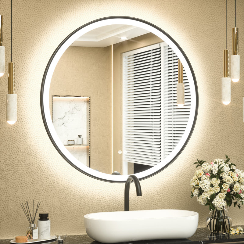 Round Framed Dimmable LED Anti-Fog With 3 Color Adjustment Bathroom Mirror Front&Backlit Vanity Mirror with Tempered Glass