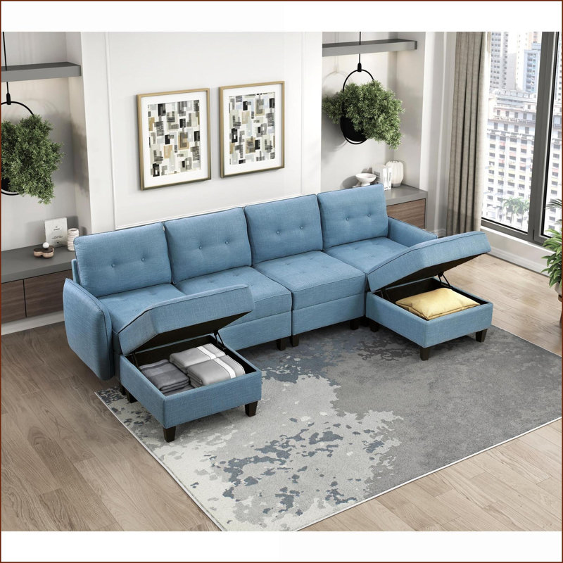 Repose-pieds avec rangement en bois massif moderne capitonné bleu marine pour le salon et la chambre à coucher | Noir | Bois