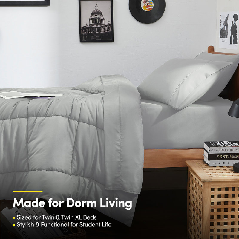 7PC Campus Ready Dorm Twin XL Bedding Bundle, Solid Comforter, Pillows And Sheet Set, Silver